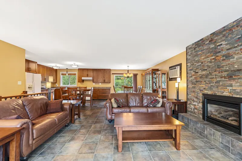 The living room and dining area